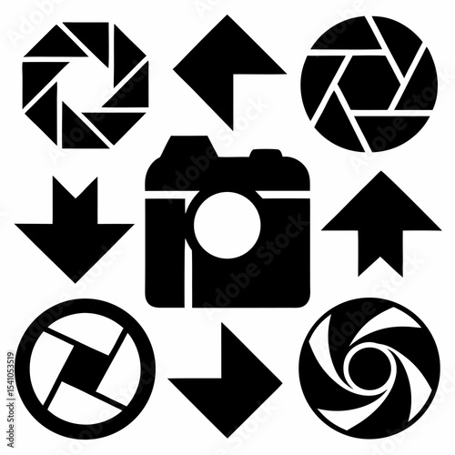 Camera and aperture icons set isolated on white background