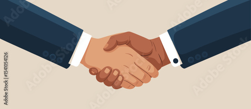 Illustration of a handshake between two people wearing suits against a neutral background color
