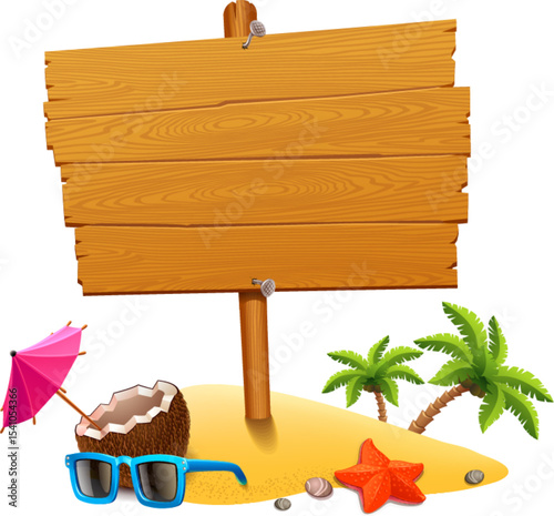 Wooden signboard with beach elements summer vacation island paradise illustration design