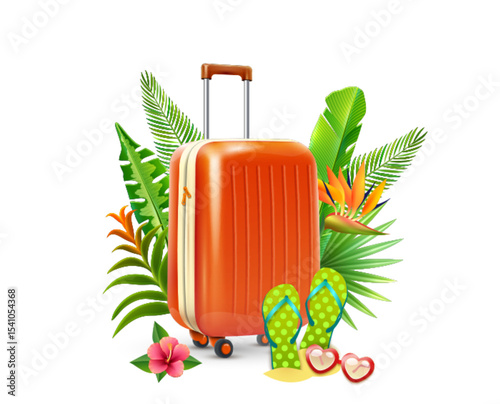 Orange suitcase surrounded by tropical leaves and accessories evokes summer vacation