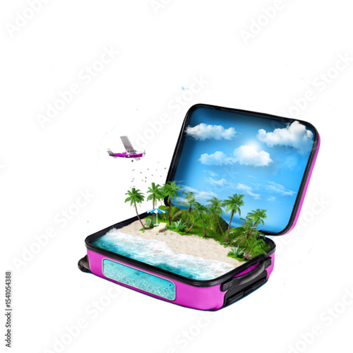 Tropical island paradise inside a suitcase depicting travel and vacation dreams