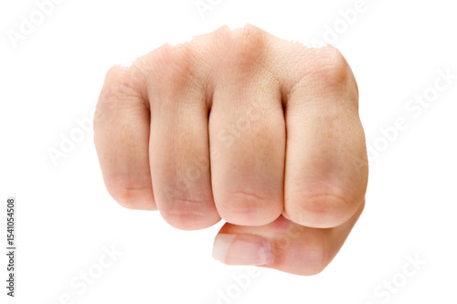 Human hand forming a clenched fist isolated against a pure white background conveying strength