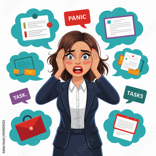 Stressed businesswoman surrounded by tasks and deadlines with panic expression and multiple speech bubbles