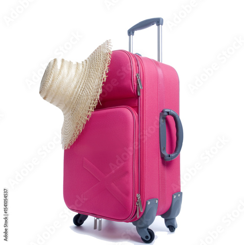 Pink suitcase and straw hat ready for summer vacation and traveling on white background