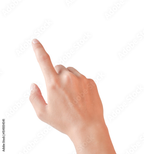Human hand pointing finger touching or pressing an object against a white background