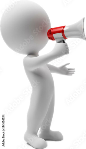 3d rendered human figure announcing with a red and white megaphone on white background