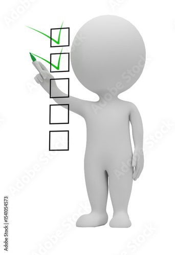 3d rendered stick figure checking off a checklist items to illustrate success