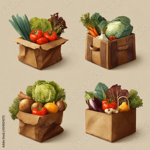 Assortment of fresh vegetables artfully arranged in paper and wooden boxes