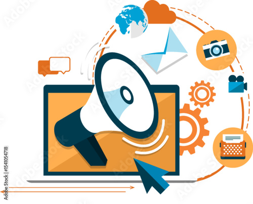Digital marketing and communication concept depicting online promotion and information flow