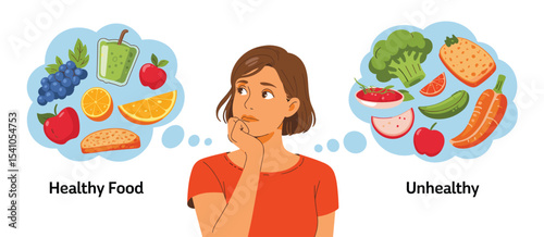 Woman contemplating choice between healthy and unhealthy food options in thought bubbles around her head