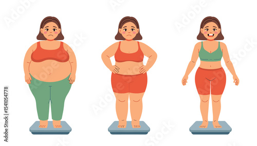 Woman standing on a scale at different weights showing weight loss journey and healthy lifestyle concept