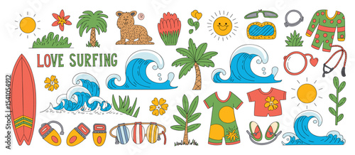 A colorful collection of surfing themed doodles featuring waves, sun, and beach accessories