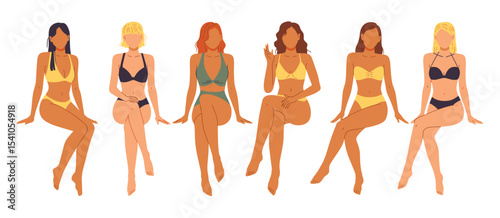 Six women in swimwear sitting with different skin tones and hair colors on a white background image