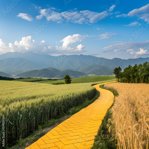 Scenic Yellow Brick Road Through Rolling Fields and Mountains