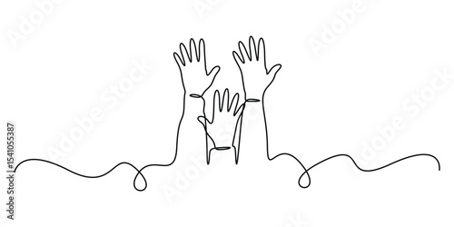 Continuous one line drawing of a group of hands raised up. The concept of voting, elections, business team work. Vector illustration