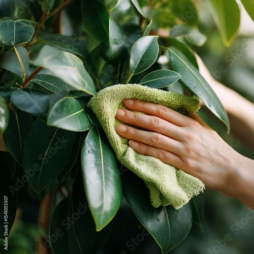A person carefully cleaning a plant’s leaves with a soft cloth