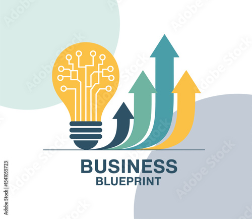 Illustration of a lightbulb with circuit board and upward arrows representing business growth plan