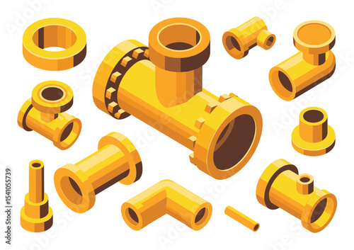 Isometric illustration showcasing various golden pipes and fittings on a white background
