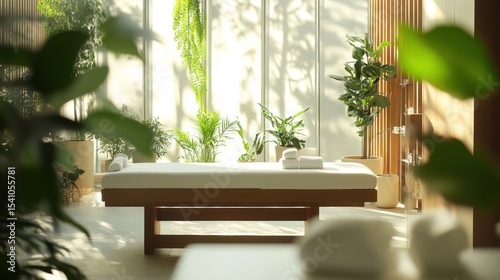 Sunlit spa treatment room with plants