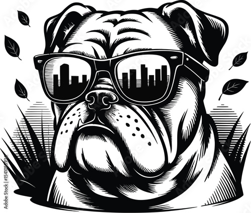 Illustration of bulldog wearing sunglasses reflecting city skyline