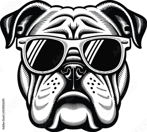 Illustration of a bulldog wearing sunglasses in black and white style