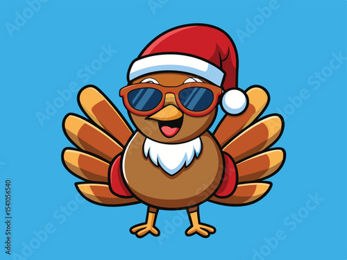 Cartoon Turkey Wearing Santa Hat and Sunglasses on Blue Background