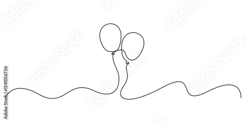 Flying balloon continuous single line drawing. Birthday gift symbol. Isolated on white background vector illustration
