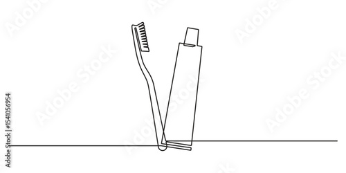Continuous single line drawing of toothpaste tube with toothbrush. One line drawing illustration of Tooth paste with brush. Branding oral care products concept vector illustration