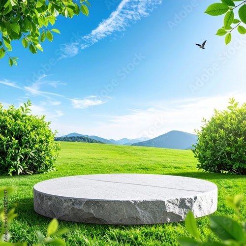 A peaceful outdoor scene with a stone platform, green grass, bushes, a clear blue sky, distant hills, and a bird flying.