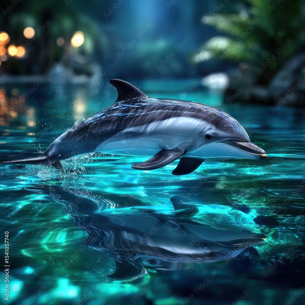 Fototapeta premium Dolphin leaping in a tropical pool at night