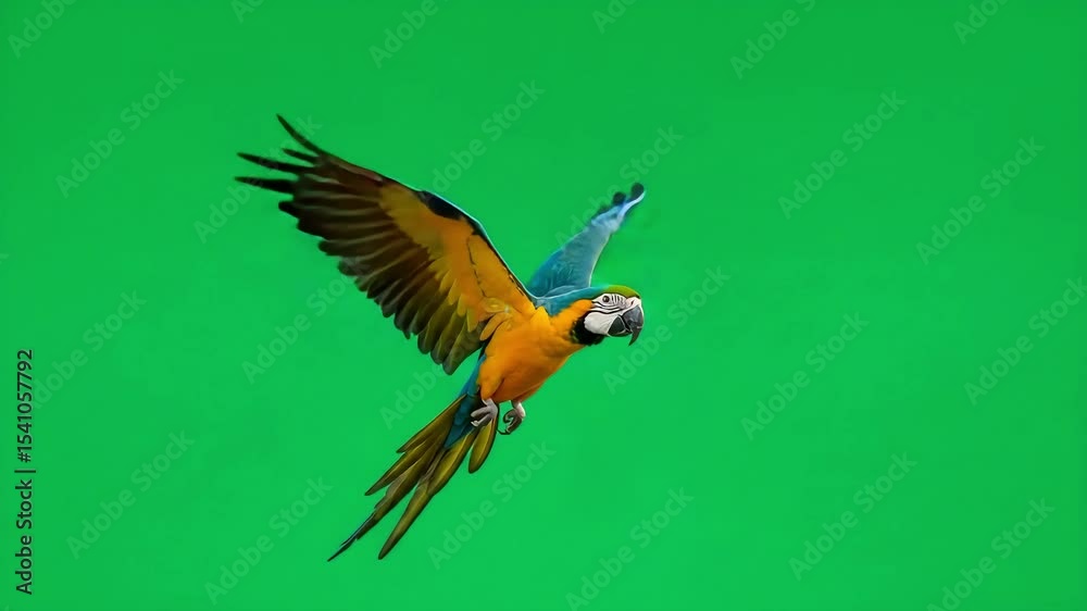 A blue  gold macaw in flight wings outstretched against a bright green background