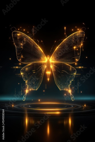 A digital butterfly, illuminated with golden light, floats above a shimmering platform