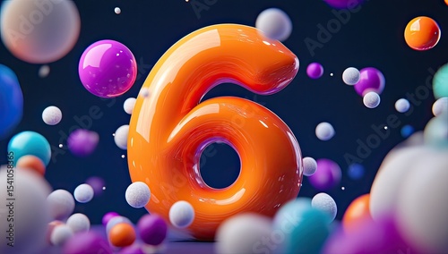 Vibrant orange 3D number six surrounded by colorful spheres