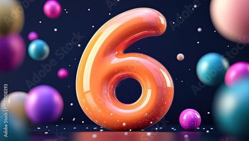 Vibrant orange number six surrounded by colorful spheres