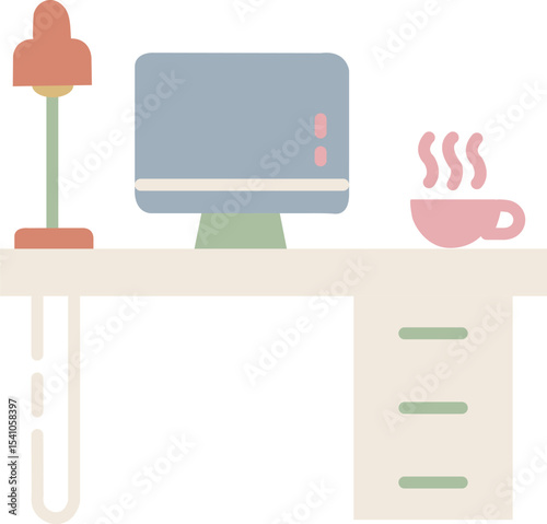 Colorful flat icon of workspace with tea or coffee, great for remote work themes, creative sites, or modern office apps