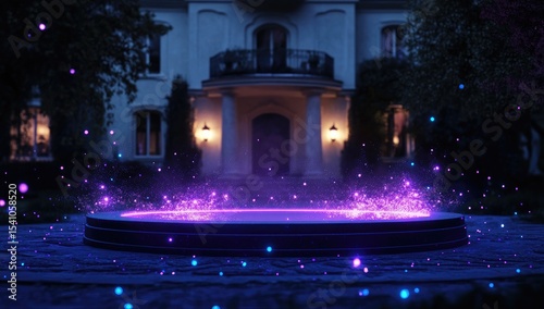 Mystical, illuminated platform before a stately home at night