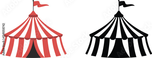 Illustration of two circus tents one red and white and one in black