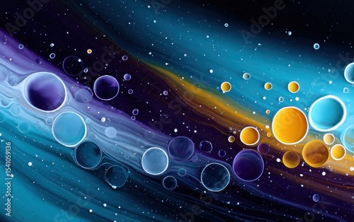 Abstract swirls of vibrant colors, interspersed with circular shapes, resembling a cosmic landscape