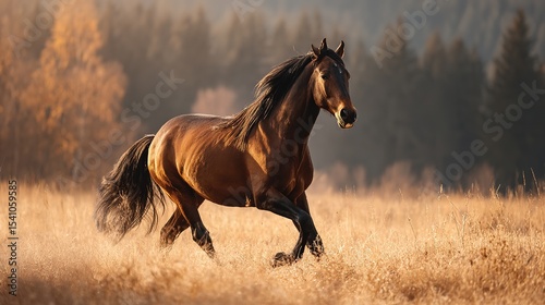 Majestic brown horse galloping freely, embodying wild grace and untamed spirit
