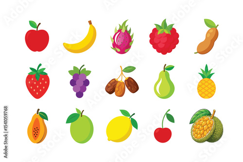 Cartoon Illustration of Various Fruit Apple, Banana, Dragon Fruit, Raspberry, Strawberry, and More