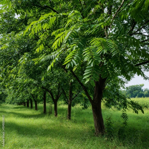 a stand of green black walnut trees with large pinnate leaves in a rural woodland