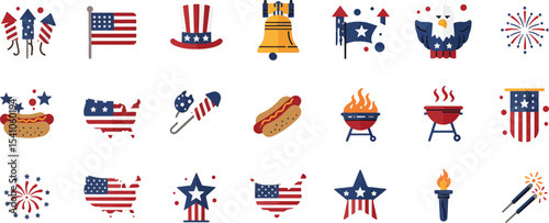 Patriotic American Icons Celebrate Independence Day with Festive Graphics