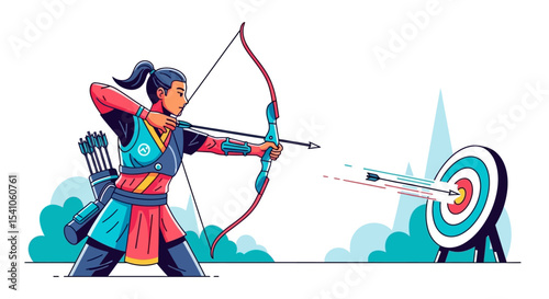 Female Archer Hitting Bullseye Target Vector Illustration