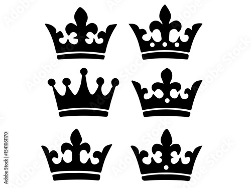Six Black Crown Silhouettes Various Styles Royal Monarchy Symbols Set crowns