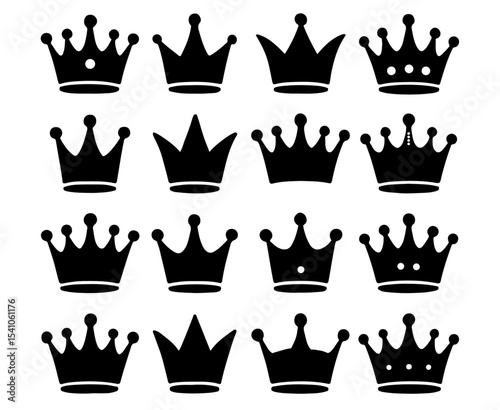 Sixteen Black Crown Silhouettes Variations Simple Royal Icons Set crowns