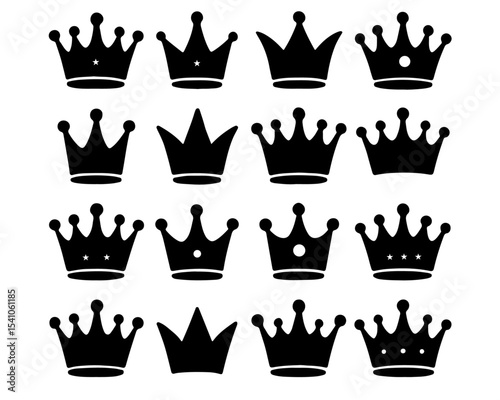 Sixteen Black Crown Silhouettes Variations Simple Royal Icons Set crowns