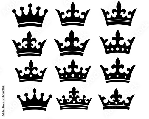 Twelve Black Crown Silhouettes Various Designs Royal Monarchy Symbols Set crowns