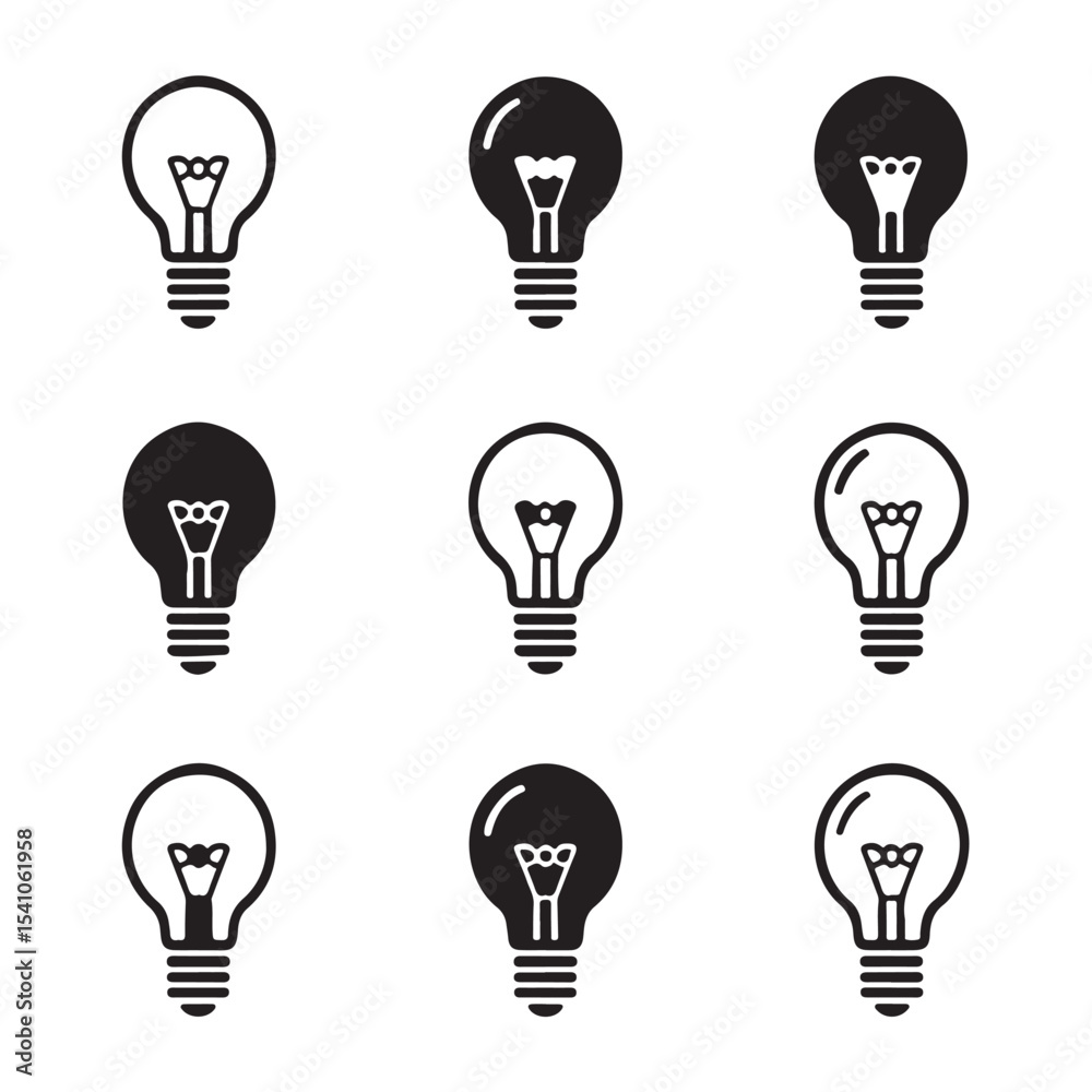 Light Bulb Icon Set Collection. Nine Simple Black and White Lightbulb Icons
Light Bulb Icon Set Collection. Nine Simple Black and White Lightbulb Icons