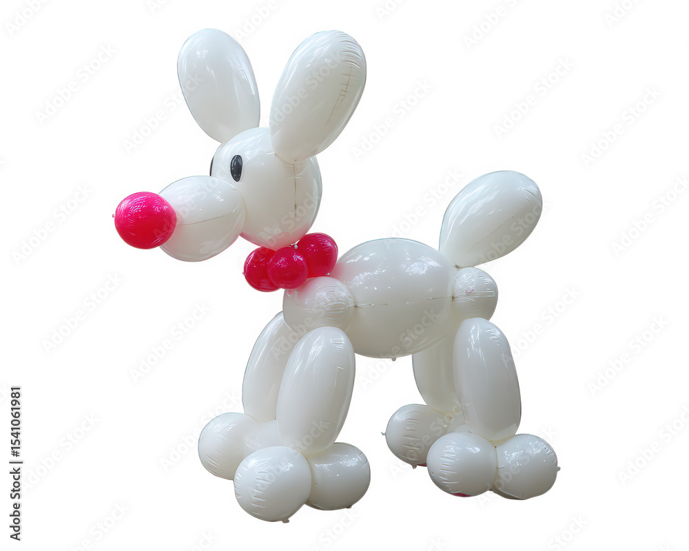 Playful inflatable dog figure made from white balloons, featuring red nose and collar, perfect for parties or decorations. Its cheerful expression adds fun touch to any event Playful inflatable dog figure made from white balloons, featuring red nose and collar, perfect for parties or decorations. Its cheerful expression adds fun touch to any event