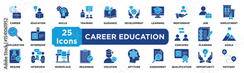 Career Education icon collection set. Containing career,education,skills,training,guidance,development,learning,mentorship,job,employment icon. dual tone vector.	
